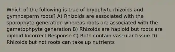 Which of the following is true of bryophyte rhizoids and gymnosperm roots? A) Rhizoids are associated with the sporophyte generation whereas roots are associated with the gametophpyte generation B) Rhizoids are haploid but roots are diploid Incorrect Response C) Both contain vascular tissue D) Rhizoids but not roots can take up nutrients