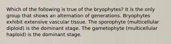 Which of the following is true of the bryophytes? It is the only group that shows an alternation of generations. Bryophytes exhibit extensive vascular tissue. The sporophyte (multicellular diploid) is the dominant stage. The gametophyte (multicellular haploid) is the dominant stage.