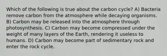 Which of the following is true about the carbon cycle? A) Bacteria remove carbon from the atmosphere while decaying organisms. B) Carbon may be released into the atmosphere through photosynthesis. C) Carbon may become compressed under the weight of many layers of the Earth, rendering it useless to humans. D) Carbon may become part of sedimentary rock and enter the rock cycle.