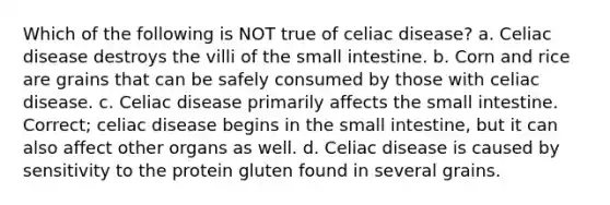 Which of the following is NOT true of celiac disease? a. Celiac disease destroys the villi of the small intestine. b. Corn and rice are grains that can be safely consumed by those with celiac disease. c. Celiac disease primarily affects the small intestine. Correct; celiac disease begins in the small intestine, but it can also affect other organs as well. d. Celiac disease is caused by sensitivity to the protein gluten found in several grains.