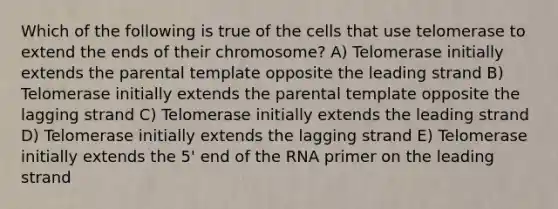 Which of the following is true of the cells that use telomerase to extend the ends of their chromosome? A) Telomerase initially extends the parental template opposite the leading strand B) Telomerase initially extends the parental template opposite the lagging strand C) Telomerase initially extends the leading strand D) Telomerase initially extends the lagging strand E) Telomerase initially extends the 5' end of the RNA primer on the leading strand