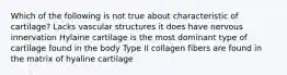 Which of the following is not true about characteristic of cartilage? Lacks vascular structures it does have nervous innervation Hylaine cartilage is the most dominant type of cartilage found in the body Type II collagen fibers are found in the matrix of hyaline cartilage