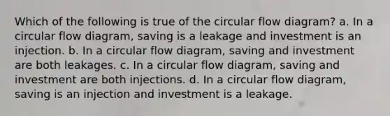 Which of the following is true of the circular flow diagram? a. In a circular flow diagram, saving is a leakage and investment is an injection. b. In a circular flow diagram, saving and investment are both leakages. c. In a circular flow diagram, saving and investment are both injections. d. In a circular flow diagram, saving is an injection and investment is a leakage.