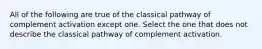 All of the following are true of the classical pathway of complement activation except one. Select the one that does not describe the classical pathway of complement activation.