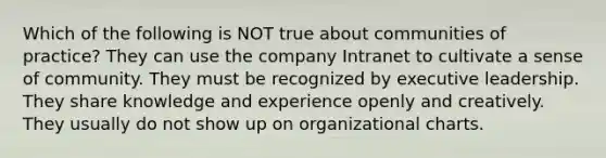 Which of the following is NOT true about communities of practice? They can use the company Intranet to cultivate a sense of community. They must be recognized by executive leadership. They share knowledge and experience openly and creatively. They usually do not show up on organizational charts.