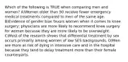 Which of the following is TRUE when comparing men and women? A)Women older than 50 receive fewer emergency medical treatments compared to men of the same age. B)Evidence of gender bias favors women when it comes to knee surgery; physicians are more likely to recommend knee surgery for women because they are more likely to be overweight. C)Most of the research shows that differential treatment by sex occurs primarily among women of low SES backgrounds. D)Men are more at risk of dying in intensive care and in the hospital because they tend to delay treatment more than their female counterparts.