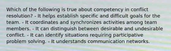 Which of the following is true about competency in conflict resolution? - It helps establish specific and difficult goals for the team. - It coordinates and synchronizes activities among team members. - It can distinguish between desirable and undesirable conflict. - It can identify situations requiring participative problem solving. - It understands communication networks.