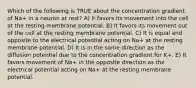 Which of the following is TRUE about the concentration gradient of Na+ in a neuron at rest? A) It favors its movement into the cell at the resting membrane potential. B) It favors its movement out of the cell at the resting membrane potential. C) It is equal and opposite to the electrical potential acting on Na+ at the resting membrane potential. D) It is in the same direction as the diffusion potential due to the concentration gradient for K+. E) It favors movement of Na+ in the opposite direction as the electrical potential acting on Na+ at the resting membrane potential.