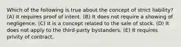 Which of the following is true about the concept of strict liability? (A) It requires proof of intent. (B) It does not require a showing of negligence. (C) It is a concept related to the sale of stock. (D) It does not apply to the third-party bystanders. (E) It requires privity of contract.