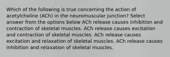 Which of the following is true concerning the action of acetylcholine (ACh) in the neuromuscular junction? Select answer from the options below ACh release causes inhibition and contraction of skeletal muscles. ACh release causes excitation and contraction of skeletal muscles. ACh release causes excitation and relaxation of skeletal muscles. ACh release causes inhibition and relaxation of skeletal muscles.