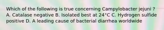 Which of the following is true concerning Campylobacter jejuni ? A. Catalase negative B. Isolated best at 24°C C. Hydrogen sulfide positive D. A leading cause of bacterial diarrhea worldwide