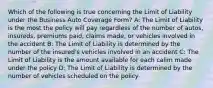 Which of the following is true concerning the Limit of Liability under the Business Auto Coverage Form? A: The Limit of Liability is the most the policy will pay regardless of the number of autos, insureds, premiums paid, claims made, or vehicles involved in the accident B: The Limit of Liability is determined by the number of the insured's vehicles involved in an accident C: The Limit of Liability is the amount available for each calim made under the policy D: The Limit of Liability is determined by the number of vehicles scheduled on the policy