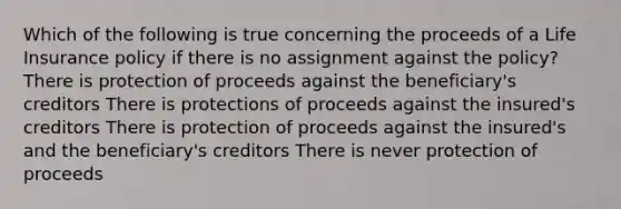 Which of the following is true concerning the proceeds of a Life Insurance policy if there is no assignment against the policy? There is protection of proceeds against the beneficiary's creditors There is protections of proceeds against the insured's creditors There is protection of proceeds against the insured's and the beneficiary's creditors There is never protection of proceeds