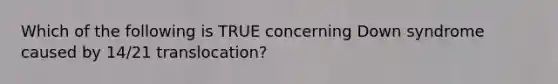 Which of the following is TRUE concerning Down syndrome caused by 14/21 translocation?