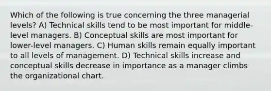 Which of the following is true concerning the three managerial levels? A) Technical skills tend to be most important for middle-level managers. B) Conceptual skills are most important for lower-level managers. C) Human skills remain equally important to all levels of management. D) Technical skills increase and conceptual skills decrease in importance as a manager climbs the organizational chart.