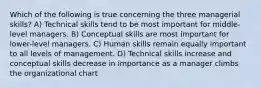 Which of the following is true concerning the three managerial skills? A) Technical skills tend to be most important for middle-level managers. B) Conceptual skills are most important for lower-level managers. C) Human skills remain equally important to all levels of management. D) Technical skills increase and conceptual skills decrease in importance as a manager climbs the organizational chart