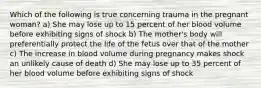 Which of the following is true concerning trauma in the pregnant​ woman? a) She may lose up to 15 percent of her blood volume before exhibiting signs of shock b) The​ mother's body will preferentially protect the life of the fetus over that of the mother c) The increase in blood volume during pregnancy makes shock an unlikely cause of death d) She may lose up to 35 percent of her blood volume before exhibiting signs of shock