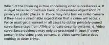 Which of the following is true concerning video surveillance? a. It is legal because individuals have no reasonable expectation of privacy in public places. b. Police may only turn on video camera if they have a reasonable expectation that a crime will occur. c. Police must get a warrant in all cases to obtain privately-owned surveillance tape from ATMs or private security systems. d. Video surveillance evidence may only be presented in court if every person in the video gives consent. e. Video surveillance does nothing to deter crime.