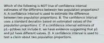 Which of the following is NOT true of confidence interval estimates of the difference between two population​ proportions? A. A confidence interval is used to estimate the difference between two population proportions. B. The confidence interval uses a standard deviation based on estimated values of the population proportions. C. If a confidence interval estimate of p1−p2does not include​ 0, we have evidence suggesting that p1 and p2 have different values. D. A confidence interval is used to test a claim about two population proportions.