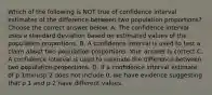 Which of the following is NOT true of confidence interval estimates of the difference between two population​ proportions? Choose the correct answer below. A. The confidence interval uses a standard deviation based on estimated values of the population proportions. B. A confidence interval is used to test a claim about two population proportions. Your answer is correct.C. A confidence interval is used to estimate the difference between two population proportions. D. If a confidence interval estimate of p 1minusp 2 does not include​ 0, we have evidence suggesting that p 1 and p 2 have different values.