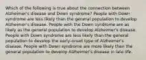 Which of the following is true about the connection between Alzheimer's disease and Down syndrome? People with Down syndrome are less likely than the general population to develop Alzheimer's disease. People with the Down syndrome are as likely as the general population to develop Alzheimer's disease. People with Down syndrome are less likely than the general population to develop the early-onset type of Alzheimer's disease. People with Down syndrome are more likely than the general population to develop Alzheimer's disease in late life.