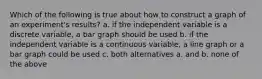 Which of the following is true about how to construct a graph of an experiment's results? a. if the independent variable is a discrete variable, a bar graph should be used b. if the independent variable is a continuous variable, a line graph or a bar graph could be used c. both alternatives a. and b. none of the above