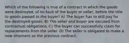 Which of the following is true of a contract in which the goods were destroyed, of no fault of the buyer or seller, before the title to goods passed to the buyer? A) The buyer has to still pay for the destroyed goods. B) The seller and buyer are excused from contractual obligations. C) The buyer can successfully claim for replacements from the seller. D) The seller is obligated to make a new shipment as the previous contract.