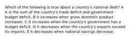 Which of the following is true about a country's national debt? A It is the sum of the country's trade deficit and government budget deficit, B It increases when gross domestic product increases. C It increases when the country's government has a budget deficit. D It decreases when the country's exports exceed its imports. E It decreases when national savings decrease.