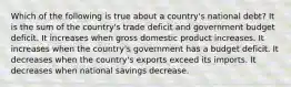 Which of the following is true about a country's national debt? It is the sum of the country's trade deficit and government budget deficit. It increases when gross domestic product increases. It increases when the country's government has a budget deficit. It decreases when the country's exports exceed its imports. It decreases when national savings decrease.