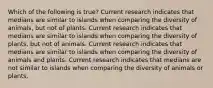 Which of the following is true? Current research indicates that medians are similar to islands when comparing the diversity of animals, but not of plants. Current research indicates that medians are similar to islands when comparing the diversity of plants, but not of animals. Current research indicates that medians are similar to islands when comparing the diversity of animals and plants. Current research indicates that medians are not similar to islands when comparing the diversity of animals or plants.