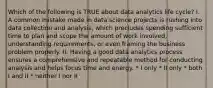 Which of the following is TRUE about data analytics life cycle? I. A common mistake made in data science projects is rushing into data collection and analysis, which precludes spending sufficient time to plan and scope the amount of work involved, understanding requirements, or even framing the business problem properly. II. Having a good data analytics process ensures a comprehensive and repeatable method for conducting analysis and helps focus time and energy. * I only * II only * both I and II * neither I nor II