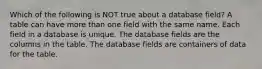 Which of the following is NOT true about a database field? A table can have more than one field with the same name. Each field in a database is unique. The database fields are the columns in the table. The database fields are containers of data for the table.