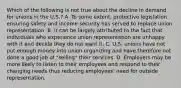 Which of the following is not true about the decline in demand for unions in the U.S.? A. To some extent, protective legislation ensuring safety and income security has served to replace union representation. B. It can be largely attributed to the fact that individuals who experience union representation are unhappy with it and decide they do not want it. C. U.S. unions have not put enough money into union organizing and have therefore not done a good job of "selling" their services. D. Employers may be more likely to listen to their employees and respond to their changing needs thus reducing employees' need for outside representation.