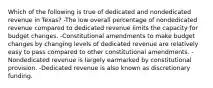 Which of the following is true of dedicated and nondedicated revenue in Texas? -The low overall percentage of nondedicated revenue compared to dedicated revenue limits the capacity for budget changes. -Constitutional amendments to make budget changes by changing levels of dedicated revenue are relatively easy to pass compared to other constitutional amendments. -Nondedicated revenue is largely earmarked by constitutional provision. -Dedicated revenue is also known as discretionary funding.