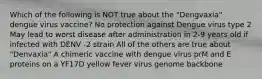 Which of the following is NOT true about the "Dengvaxia" dengue virus vaccine? No protection against Dengue virus type 2 May lead to worst disease after administration in 2-9 years old if infected with DENV -2 strain All of the others are true about "Denvaxia" A chimeric vaccine with dengue virus prM and E proteins on a YF17D yellow fever virus genome backbone