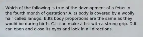 Which of the following is true of the development of a fetus in the fourth month of gestation? A.Its body is covered by a woolly hair called lanugo. B.Its body proportions are the same as they would be during birth. C.It can make a fist with a strong grip. D.It can open and close its eyes and look in all directions.