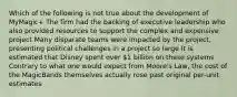 Which of the following is not true about the development of MyMagic+ The firm had the backing of executive leadership who also provided resources to support the complex and expensive project Many disparate teams were impacted by the project, presenting political challenges in a project so large It is estimated that Disney spent over 1 billion on these systems Contrary to what one would expect from Moore's Law, the cost of the MagicBands themselves actually rose past original per-unit estimates