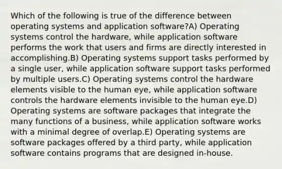 Which of the following is true of the difference between operating systems and application software?A) Operating systems control the hardware, while application software performs the work that users and firms are directly interested in accomplishing.B) Operating systems support tasks performed by a single user, while application software support tasks performed by multiple users.C) Operating systems control the hardware elements visible to the human eye, while application software controls the hardware elements invisible to the human eye.D) Operating systems are software packages that integrate the many functions of a business, while application software works with a minimal degree of overlap.E) Operating systems are software packages offered by a third party, while application software contains programs that are designed in-house.