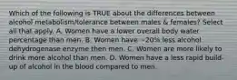 Which of the following is TRUE about the differences between alcohol metabolism/tolerance between males & females? Select all that apply. A. Women have a lower overall body water percentage than men. B. Women have ~20% less alcohol dehydrogenase enzyme then men. C. Women are more likely to drink more alcohol than men. D. Women have a less rapid build-up of alcohol in the blood compared to men.