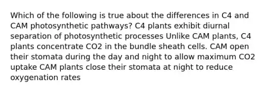 Which of the following is true about the differences in C4 and CAM photosynthetic pathways? C4 plants exhibit diurnal separation of photosynthetic processes Unlike CAM plants, C4 plants concentrate CO2 in the bundle sheath cells. CAM open their stomata during the day and night to allow maximum CO2 uptake CAM plants close their stomata at night to reduce oxygenation rates