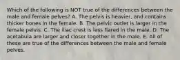 Which of the following is NOT true of the differences between the male and female pelves? A. The pelvis is heavier, and contains thicker bones in the female. B. The pelvic outlet is larger in the female pelvis. C. The iliac crest is less flared in the male. D. The acetabula are larger and closer together in the male. E. All of these are true of the differences between the male and female pelves.