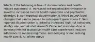 Which of the following is true of discrimination and health-related outcomes? A. Increased self-reported discrimination is linked to increased mental health symptoms and psychiatric disorders B. Self-reported discrimination is linked to DNA level changes that can be passed to subsequent generations C. Self-reported discrimination is linked to increased high-risk behaviors, alcohol use, and alcohol abuse D. Perceived discrimination is inversely related to positive health care experiences, reduced adherence to medical regimens, and delaying or not seeking health care E. All of the above