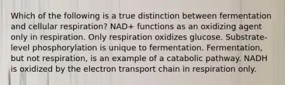 Which of the following is a true distinction between fermentation and <a href='https://www.questionai.com/knowledge/k1IqNYBAJw-cellular-respiration' class='anchor-knowledge'>cellular respiration</a>? NAD+ functions as an oxidizing agent only in respiration. Only respiration oxidizes glucose. Substrate-level phosphorylation is unique to fermentation. Fermentation, but not respiration, is an example of a catabolic pathway. NADH is oxidized by <a href='https://www.questionai.com/knowledge/k57oGBr0HP-the-electron-transport-chain' class='anchor-knowledge'>the electron transport chain</a> in respiration only.