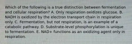 Which of the following is a true distinction between fermentation and <a href='https://www.questionai.com/knowledge/k1IqNYBAJw-cellular-respiration' class='anchor-knowledge'>cellular respiration</a>? A. Only respiration oxidizes glucose. B. NADH is oxidized by <a href='https://www.questionai.com/knowledge/k57oGBr0HP-the-electron-transport-chain' class='anchor-knowledge'>the electron transport chain</a> in respiration only. C. Fermentation, but not respiration, is an example of a catabolic pathway. D. Substrate-level phosphorylation is unique to fermentation. E. NAD+ functions as an oxidizing agent only in respiration.