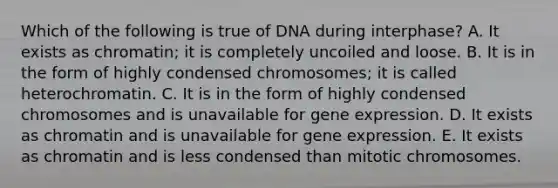 Which of the following is true of DNA during interphase? A. It exists as chromatin; it is completely uncoiled and loose. B. It is in the form of highly condensed chromosomes; it is called heterochromatin. C. It is in the form of highly condensed chromosomes and is unavailable for gene expression. D. It exists as chromatin and is unavailable for gene expression. E. It exists as chromatin and is less condensed than mitotic chromosomes.