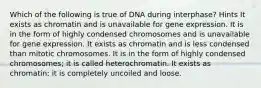 Which of the following is true of DNA during interphase? Hints It exists as chromatin and is unavailable for gene expression. It is in the form of highly condensed chromosomes and is unavailable for gene expression. It exists as chromatin and is less condensed than mitotic chromosomes. It is in the form of highly condensed chromosomes; it is called heterochromatin. It exists as chromatin; it is completely uncoiled and loose.