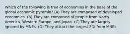 Which of the following is true of economies in the base of the global economic pyramid? (A) They are composed of developed economies. (B) They are composed of people from North America, Western Europe, and Japan. (C) They are largely ignored by MNEs. (D) They attract the largest FDI from MNEs.