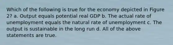 Which of the following is true for the economy depicted in Figure 2? a. Output equals potential real GDP b. The actual rate of unemployment equals the natural rate of unemployment c. The output is sustainable in the long run d. All of the above statements are true.