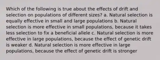 Which of the following is true about the effects of drift and selection on populations of different sizes? a. Natural selection is equally effective in small and large populations b. Natural selection is more effective in small populations, because it takes less selection to fix a beneficial allele c. Natural selection is more effective in large populations, because the effect of genetic drift is weaker d. Natural selection is more effective in large populations, because the effect of genetic drift is stronger