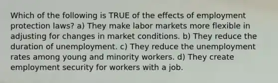 Which of the following is TRUE of the effects of employment protection laws? a) They make labor markets more flexible in adjusting for changes in market conditions. b) They reduce the duration of unemployment. c) They reduce the unemployment rates among young and minority workers. d) They create employment security for workers with a job.